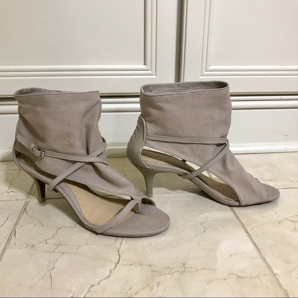 New taupe canvas bootie heels